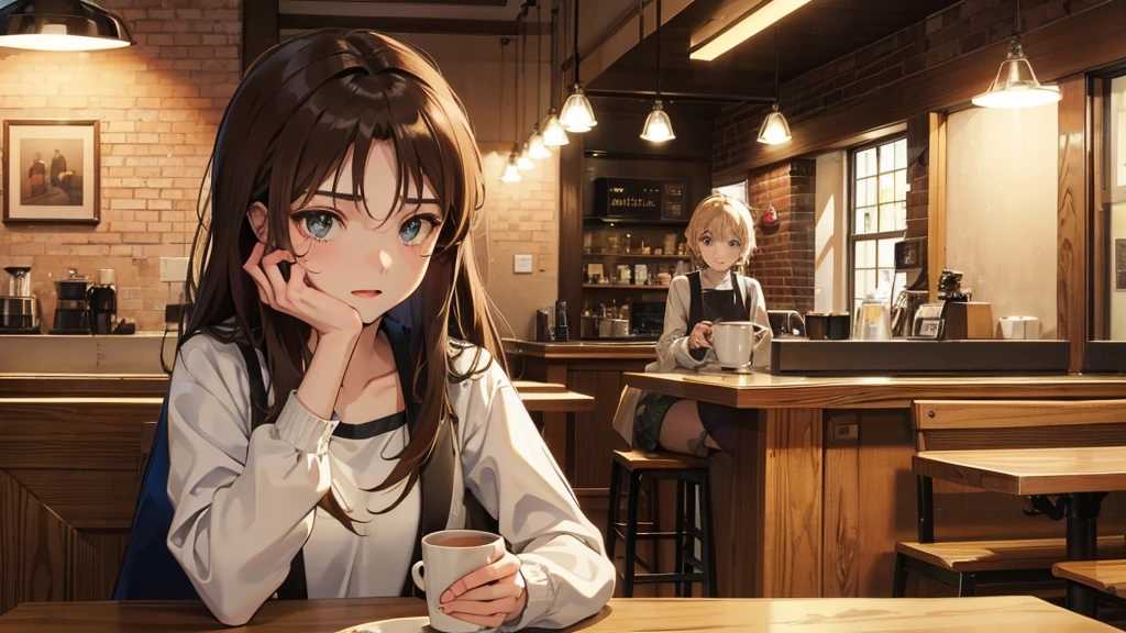 Girl listens to making coffee in a coffee shop,2D anime style, The morning air was clear. ,Warm atmosphere,