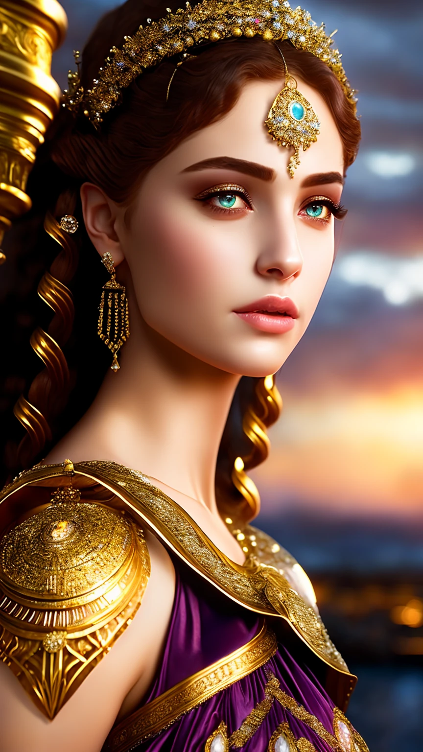 1 girl, beautiful detailed eyes, beautiful detailed lips, extremely detailed face and features, long eyelashes, ancient greek goddess, graceful flowing dress, mythological, intricate ornate jewelry, serene expression, dramatic lighting, chiaroscuro, golden hour, dramatic shadows, vibrant colors, rich textures, masterpiece, best quality, 8k, hyperrealistic, photorealistic, highly detailed, cinematic lighting, dramatic atmosphere, ethereal, timeless, classical, renaissance, (elegant:1.2), (majestic:1.1), (divine:1.1)