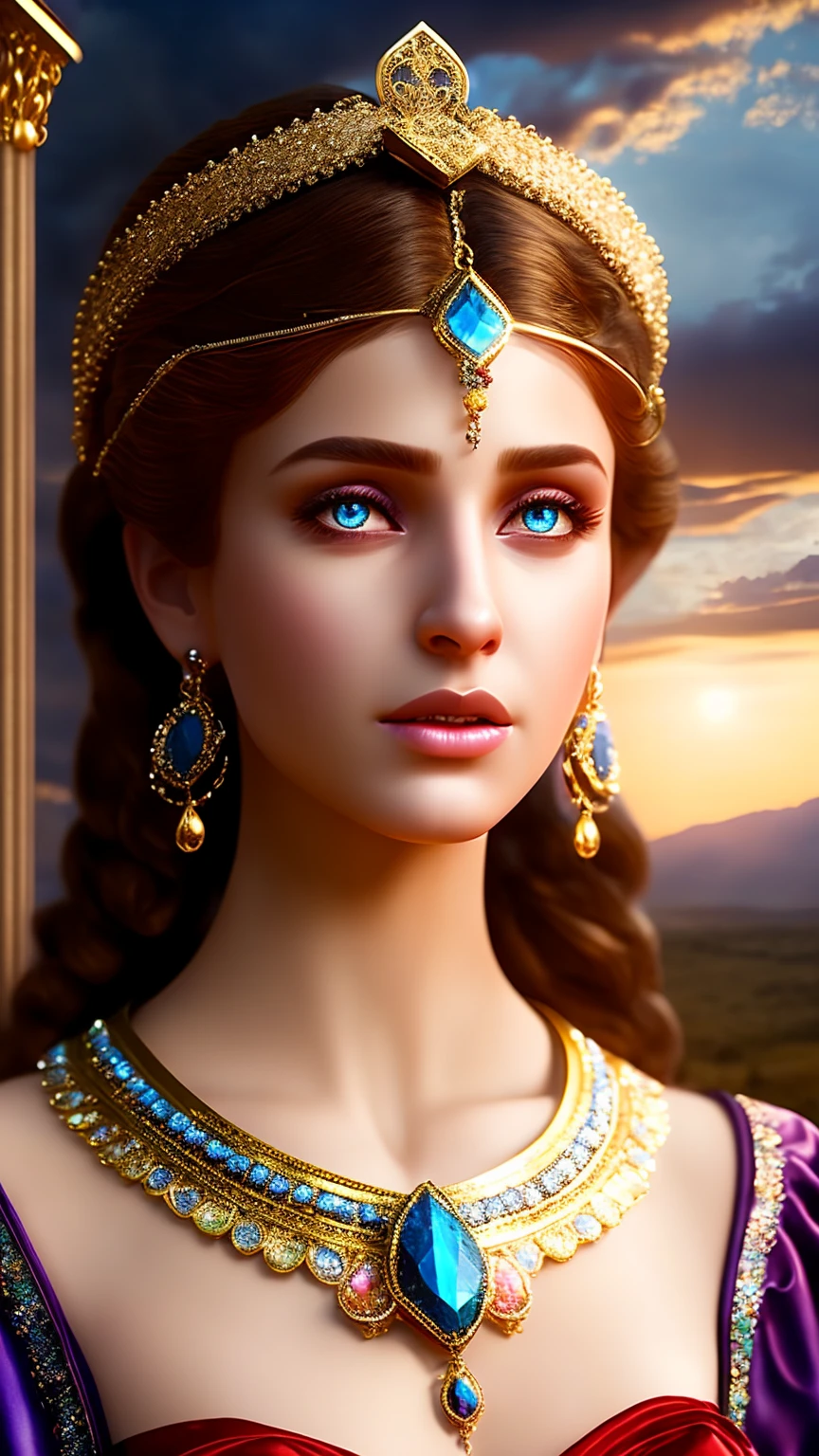 1 girl, beautiful detailed eyes, beautiful detailed lips, extremely detailed face and features, long eyelashes, ancient greek goddess, graceful flowing dress, mythological, intricate ornate jewelry, serene expression, dramatic lighting, chiaroscuro, golden hour, dramatic shadows, vibrant colors, rich textures, masterpiece, best quality, 8k, hyperrealistic, photorealistic, highly detailed, cinematic lighting, dramatic atmosphere, ethereal, timeless, classical, renaissance, (elegant:1.2), (majestic:1.1), (divine:1.1)