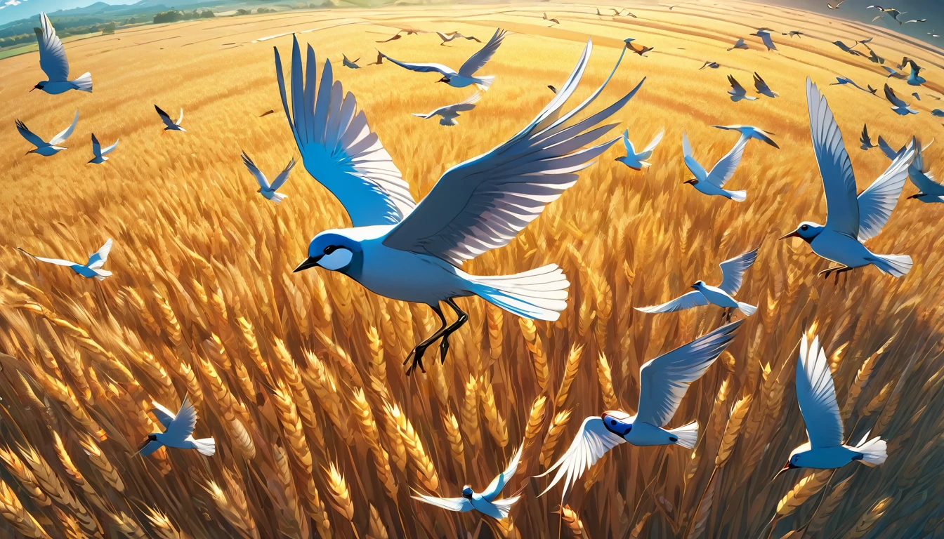 1 flock of migratory birds flying over a wheat field, bird's eye view, anime style, highly detailed, cinematic lighting, vibrant colors, dramatic composition, beautiful detailed feathers, extremely detailed birds and landscape, masterpiece, 8K, photorealistic