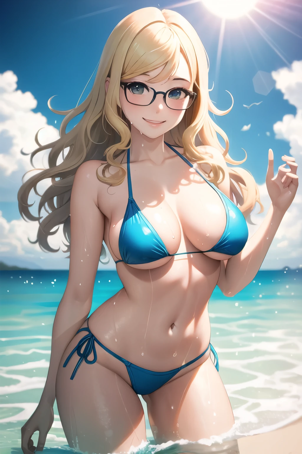 ((Highest quality)), ((masterpiece)), (detailed), One girl, sexy、Glasses、Blonde、Long Hair、Curly Hair、、Ocean、bikini、smile、High contrast、Dazzling Sun、Wet、Swimming、shark、sharkに食われている、