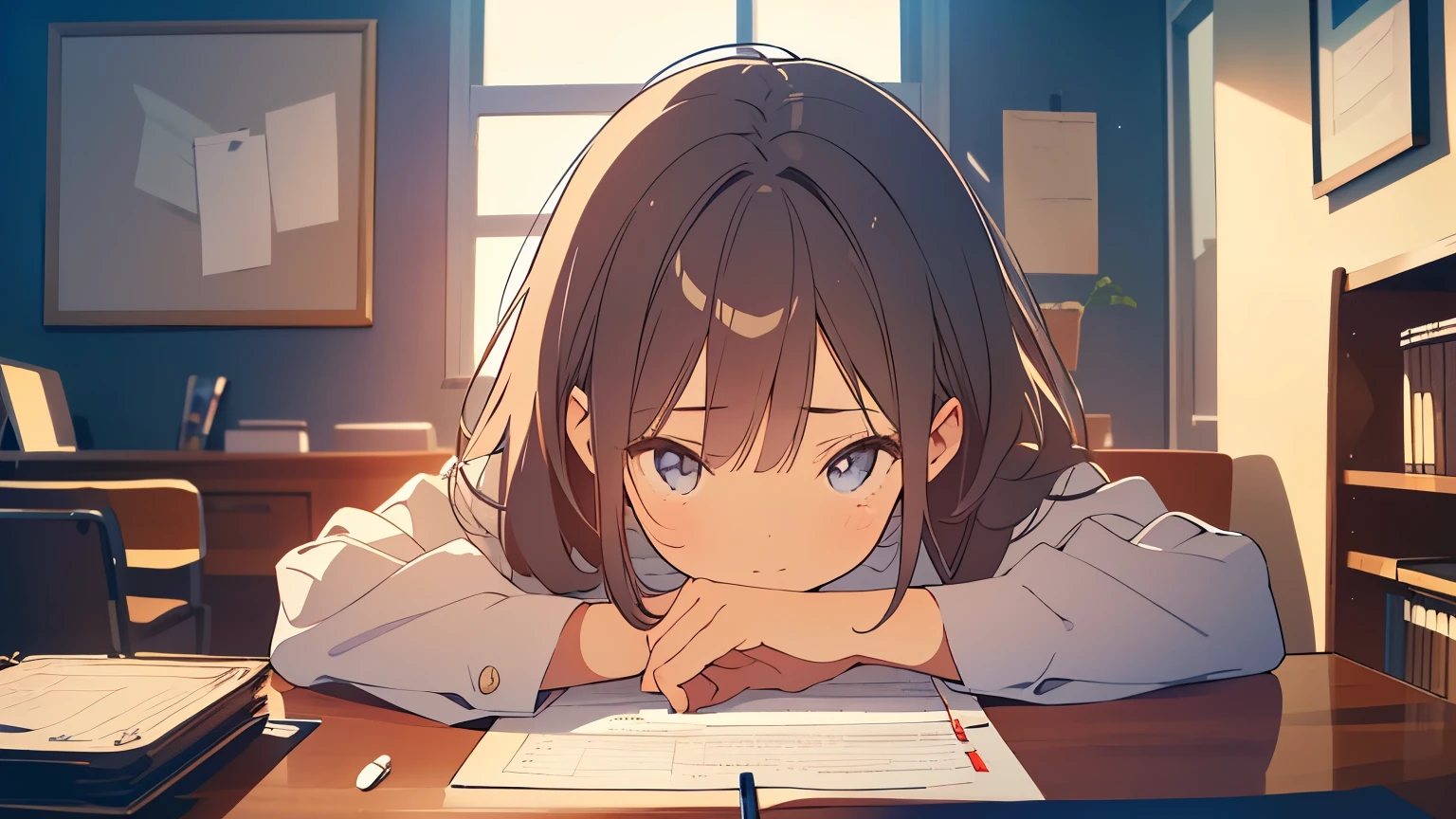 A view of a person immersed in study at a desk in a quiet private room. Alone, laptop and papers spread out on the desk, with a simple interior in the background, giving the impression of a relaxed state of concentration. (High image quality, high definition, high quality. (Masterpiece, top quality, ultra-detailed, super-detailed, 4K, 8K), (clearly drawn face)
