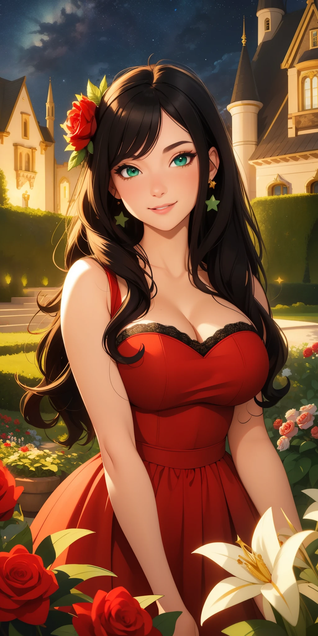 best quality, ultra-detailed, photorealistic: 1.39) masterpiece, best quality, night, stars and garden, castle, flowers and red roses, black hair, shy smile, making a needy expression, Princess hairstyle, beautiful green eyes