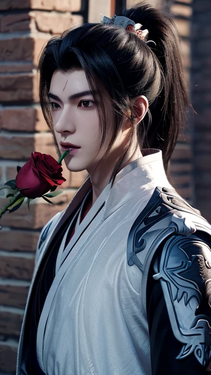 1boy, super handsome, black hair, biting a red rose on his mouth, hanfu style with silver armour holding a red rose, smelling a red rose