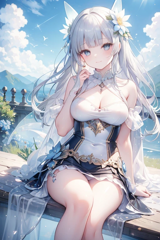 masterpiece, Highest quality, Super detailed, figure, (Realistic:1.3),cute, girl, alone, Silver Hair, Fairy, Blunt bangs, Tube top dress, Fluffy mini skirt,smile, flower, spring,blue sky,Low angle shot,
