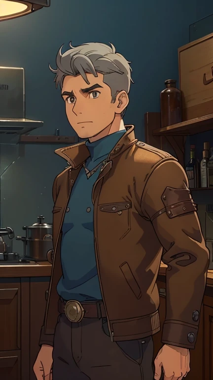 (European: Teens: 1male,clark,blue top,brown pant,brown jacket,StudioGhibliStyleHMC), (extremely detailed CG unit 8k wallpaper),(master part), (best quality), (ultra detail), (best illustration), (cinematic lighting), cowboy shot, (Sharp eyeliner, detailed eyes:1), dark steanpunk indoors background, break , (SteampunkAI), very short hair, grey hair