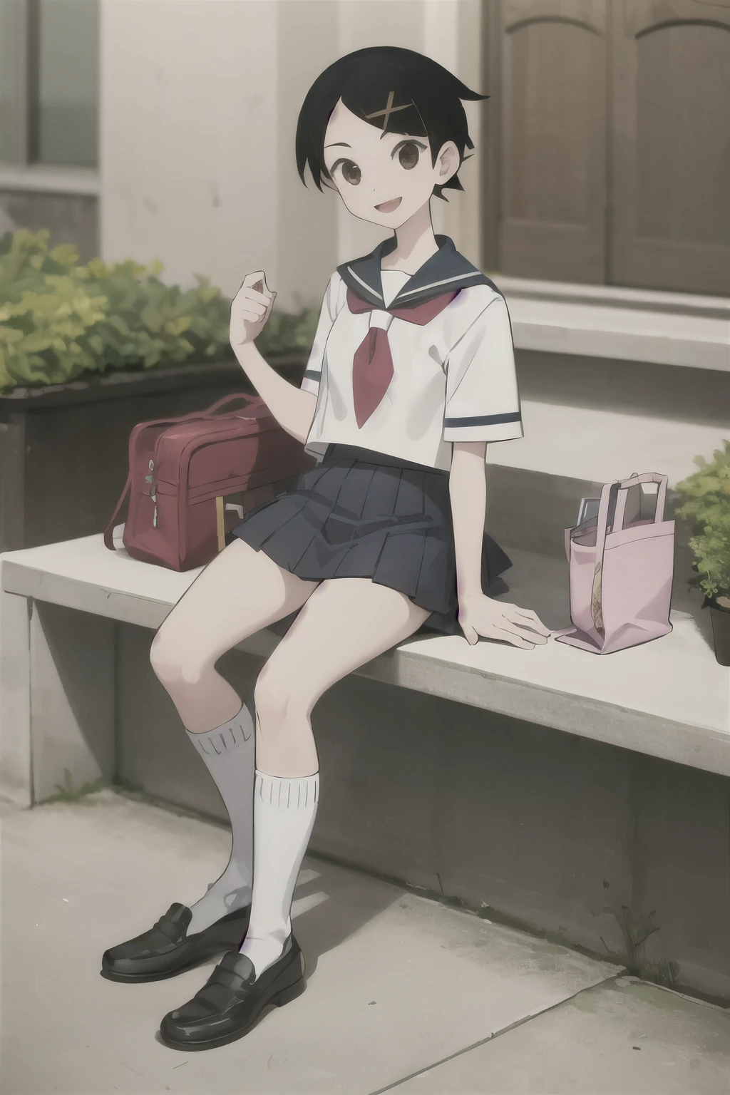 (masterpiece:1.2), Super detailed, (Kafka fula), serafuku, mini skirt, White high socks, loafers, Short sleeve, street, shop, bag, Big smile, Highest quality, Looking at the audience, Looking at the audience