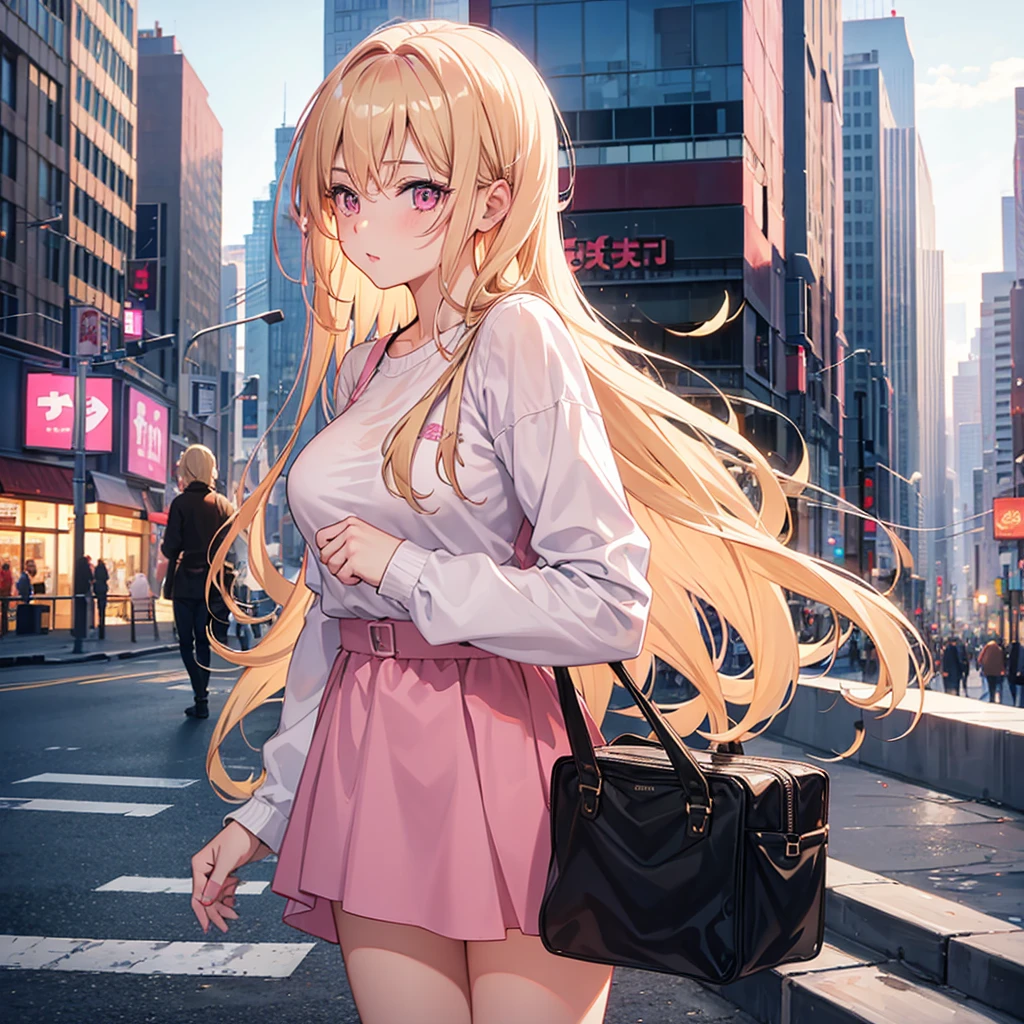 (((Adult woman))), pink eyes, long blonde hair, casual clothes,city morning