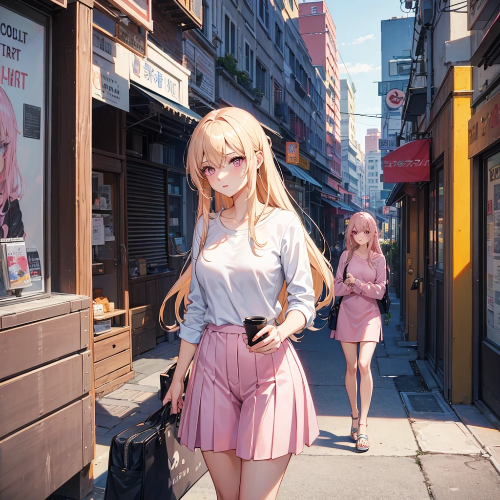 (((Adult woman))), pink eyes, long blonde hair, casual clothes,city morning 