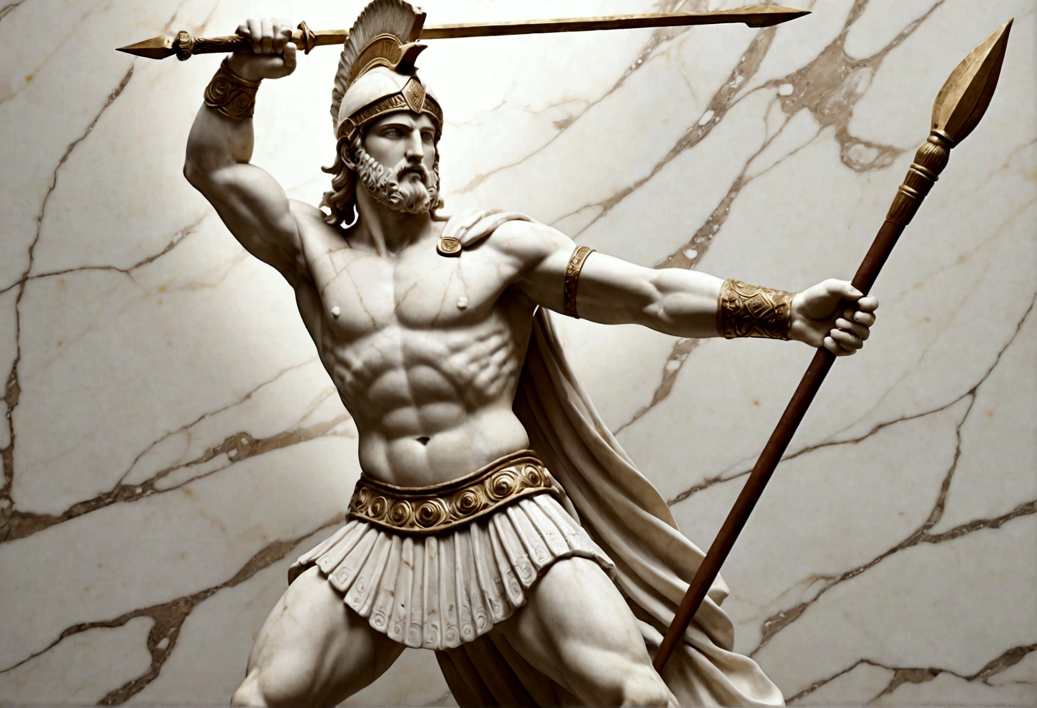Grecian marble statue, nubile male hoplite warrior wielding his spear, action pose