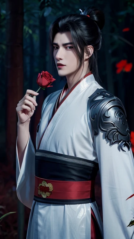 1boy, super handsome, black hair, biting a red rose on his mouth, hanfu style with silver armour holding a red rose, smelling a red rose