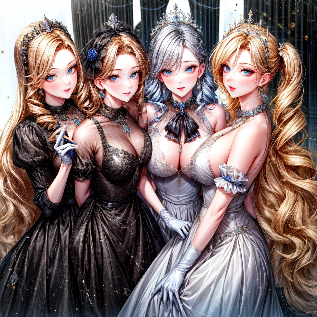 girly style, (flower background, romance comics), 3 girls, 18 years old blonde, alone, long hair, flower, skirt, crown, white skirt, Gloves, Long sleeve, collar, Blue eyes, mascara, cosmetics, white Gloves, black bow, black flower, Straight Hair, drill hair, french OKid, bow, OK, jewelry, looking at the audience, White background, clavicle, puffy sleeves, silver accessories,full-body shot, parted bangs, very long hair, blue skirt, trim, bangs, Keep your mouth shut, delicate eyes, Big breasts,