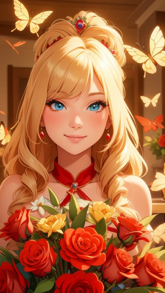 best quality, ultra-detailed, photorealistic: 1.39) masterpiece, best quality, Beautiful butterflies, flowers and red roses, blonder hair, shy smile, making a needy expression, Princess hairstyle