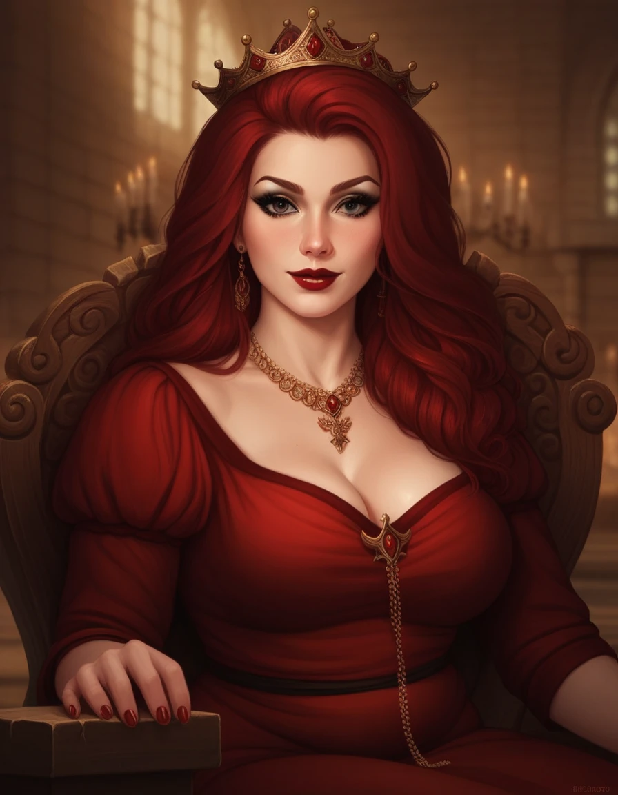 1girl, {{medieval evil queen}}, 45 year old woman milf, {{old ans mature features}}, curvy body, chubby body, soft tummy, thick thighs, cruel smile, intimidating sensual expression, black eyes, perfect eyes, {{long crimsom red hair}}, beautiful face, red and black makeup, thick red lips, medium pale skin, {medieval and royal red dress with neckline}, {{medium breast}}, royal necklace, big royal golden crown, sitting on throne, front view, {{perfect face}}, detailed face, perfect hands, dramatic lights, medieval background with details, castle, dinamic pose, best quality, hd, semi baroco style