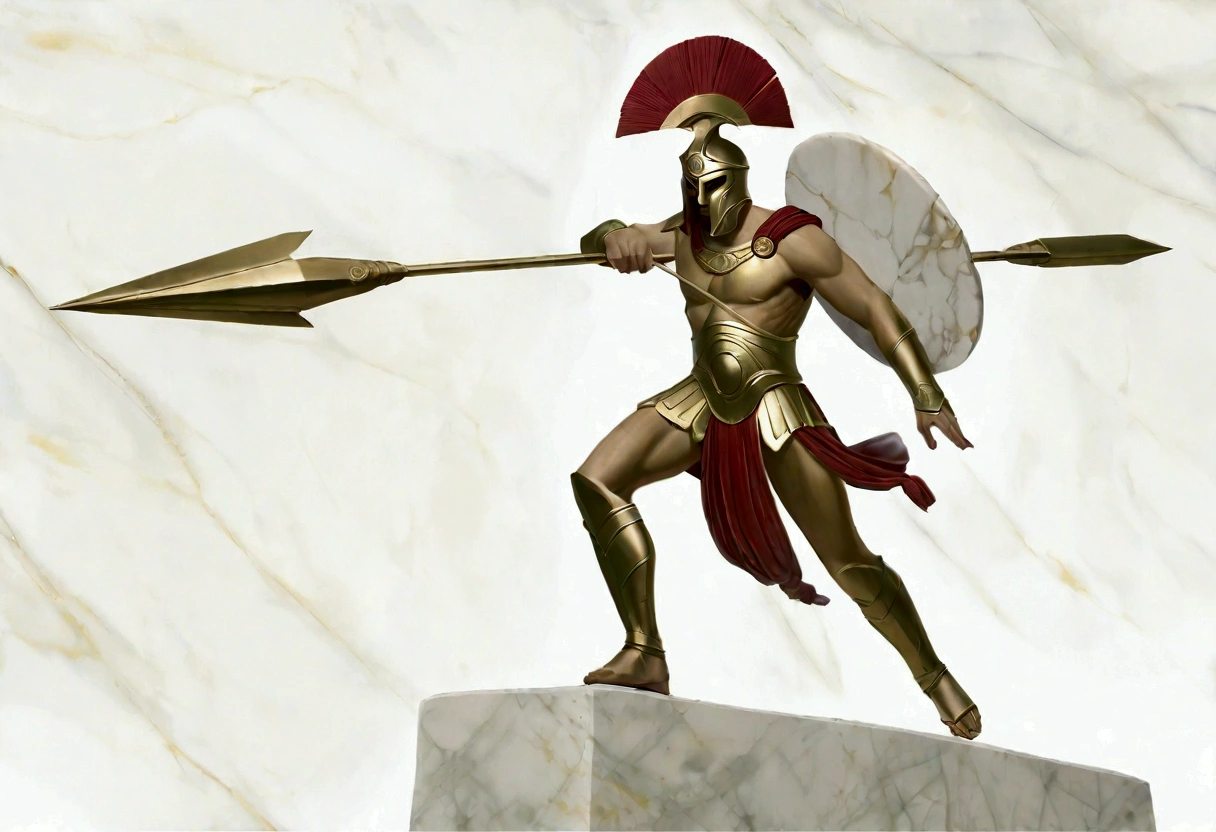 Grecian marble statue, nubile male hoplite warrior wielding his spear, action pose