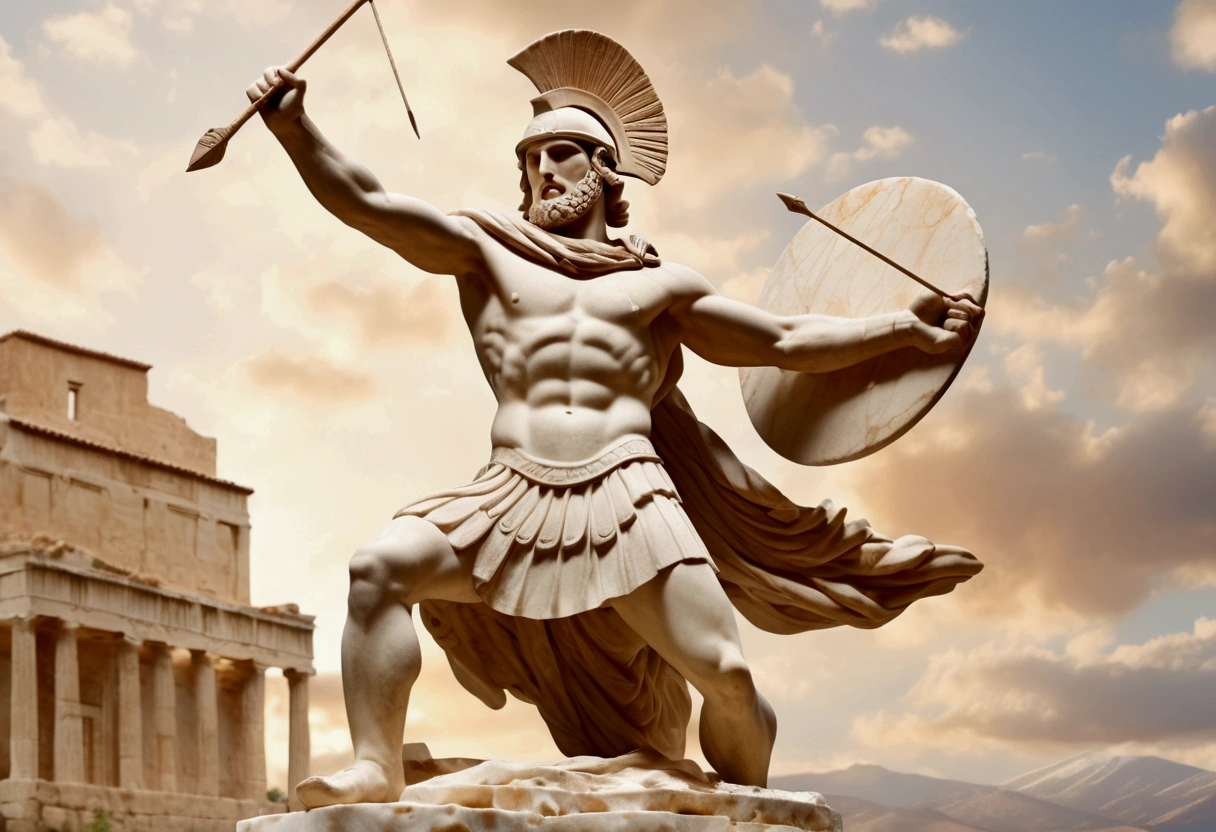 Grecian marble statue, nubile male hoplite warrior wielding his spear, action pose
