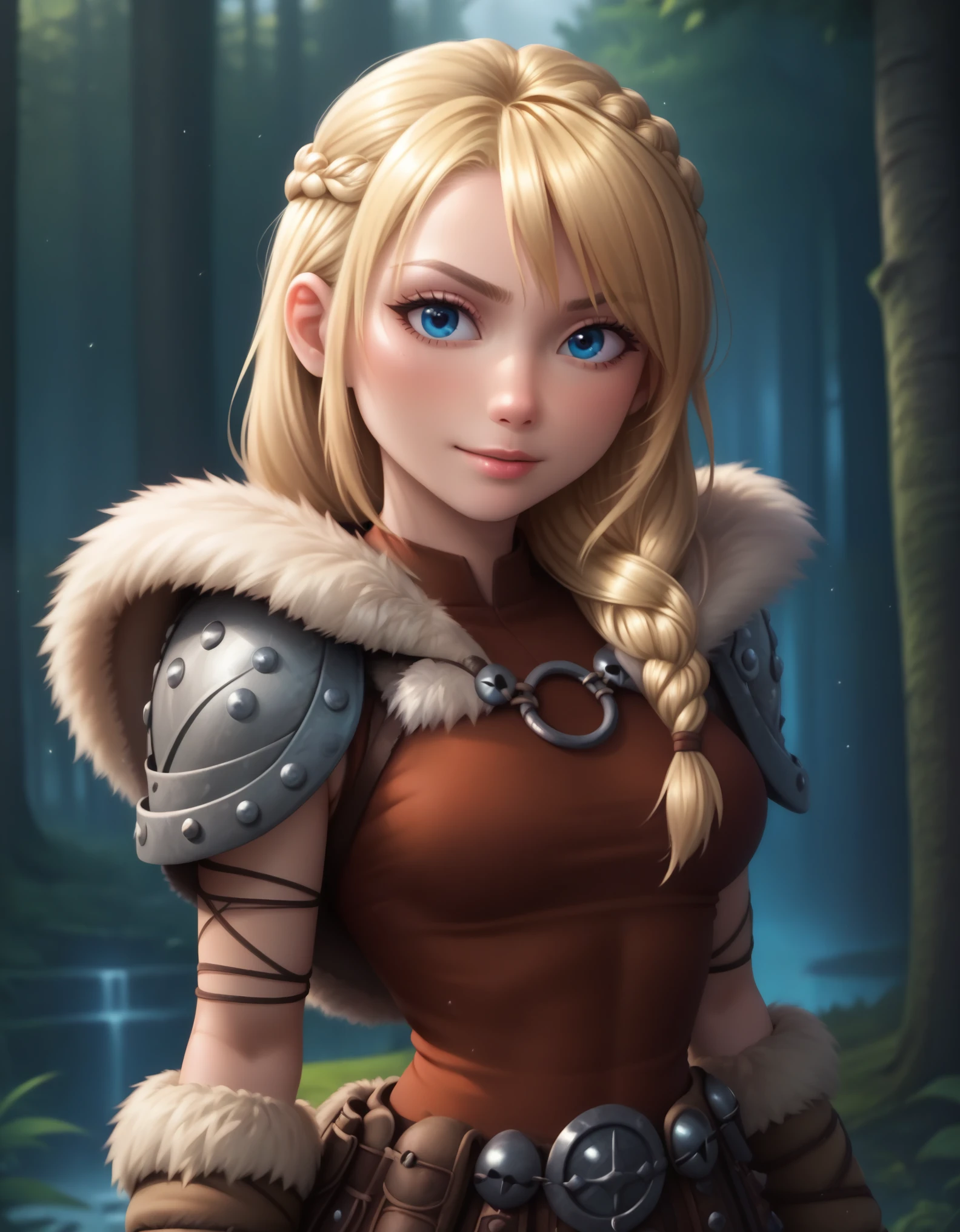 score_9, score_8_up, BREAK, ASTRIDHOFFERSON, 1girl, solo, blonde hair, braid, Long hair, blue eyes, fur trim, shoulder armor, armor, pauldron, depth of field, forest,