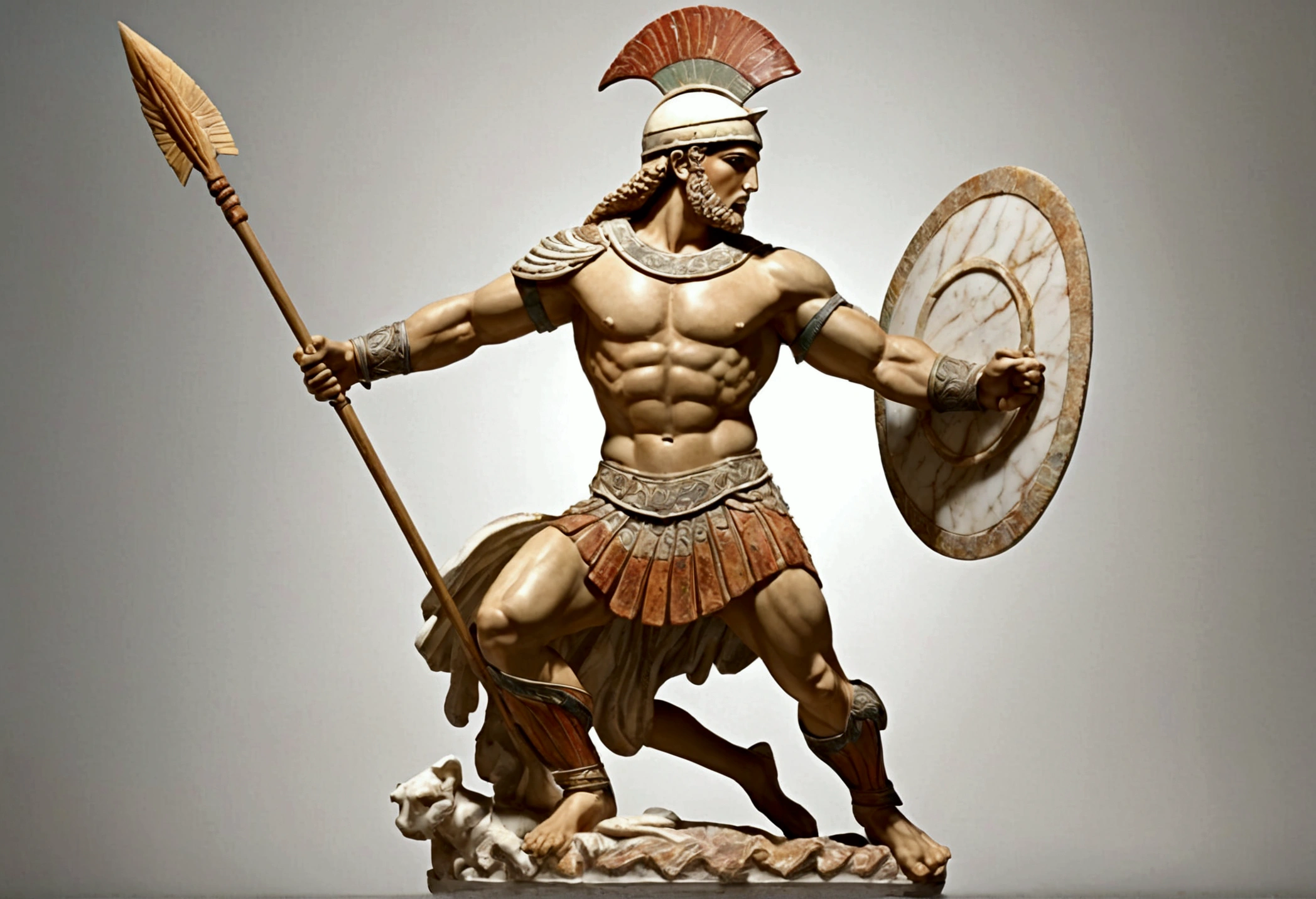 Grecian marble statue, nubile male hoplite warrior wielding his spear, action pose
