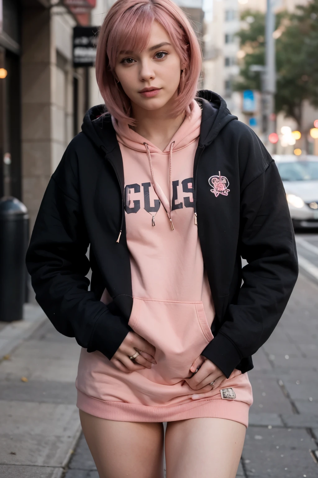 man with feminine features, he has pink hair with bangs, and she is wearing a red hoodie, 