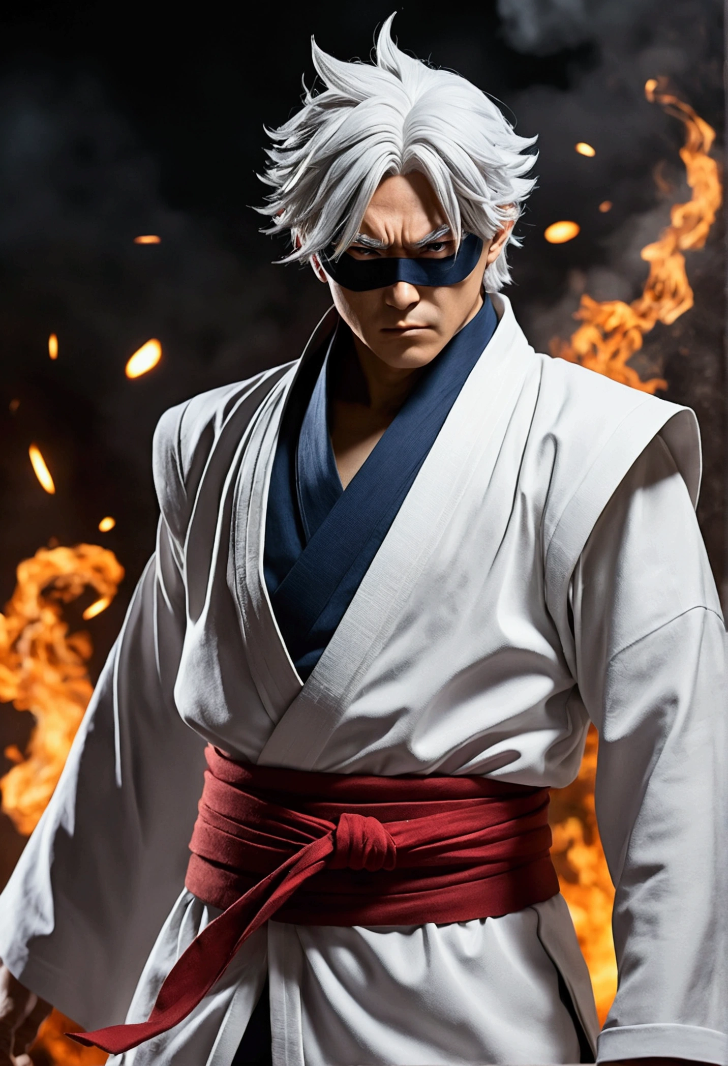 Create a stunning image of Satoru Gojo, from the anime &#39;JUJUTSU KAİSEN&#39;. Gojo must be in a dynamic pose, showing your confidence and power. He must be wearing his signature costume, with the blindfold over her eyes and her characteristic white hair blowing in the wind. Your expression should be calm, but with a touch of determination, reflecting your skill and confidence as the most powerful sorcerer. Image must include a dramatic background, like a battlefield or an urban scene at night, with elements of magical energy around you, highlighting his dominance over power. The scene should capture the essence of Gojo as a formidable and charismatic character, conveying your strength and unique personality."
 best quality image









