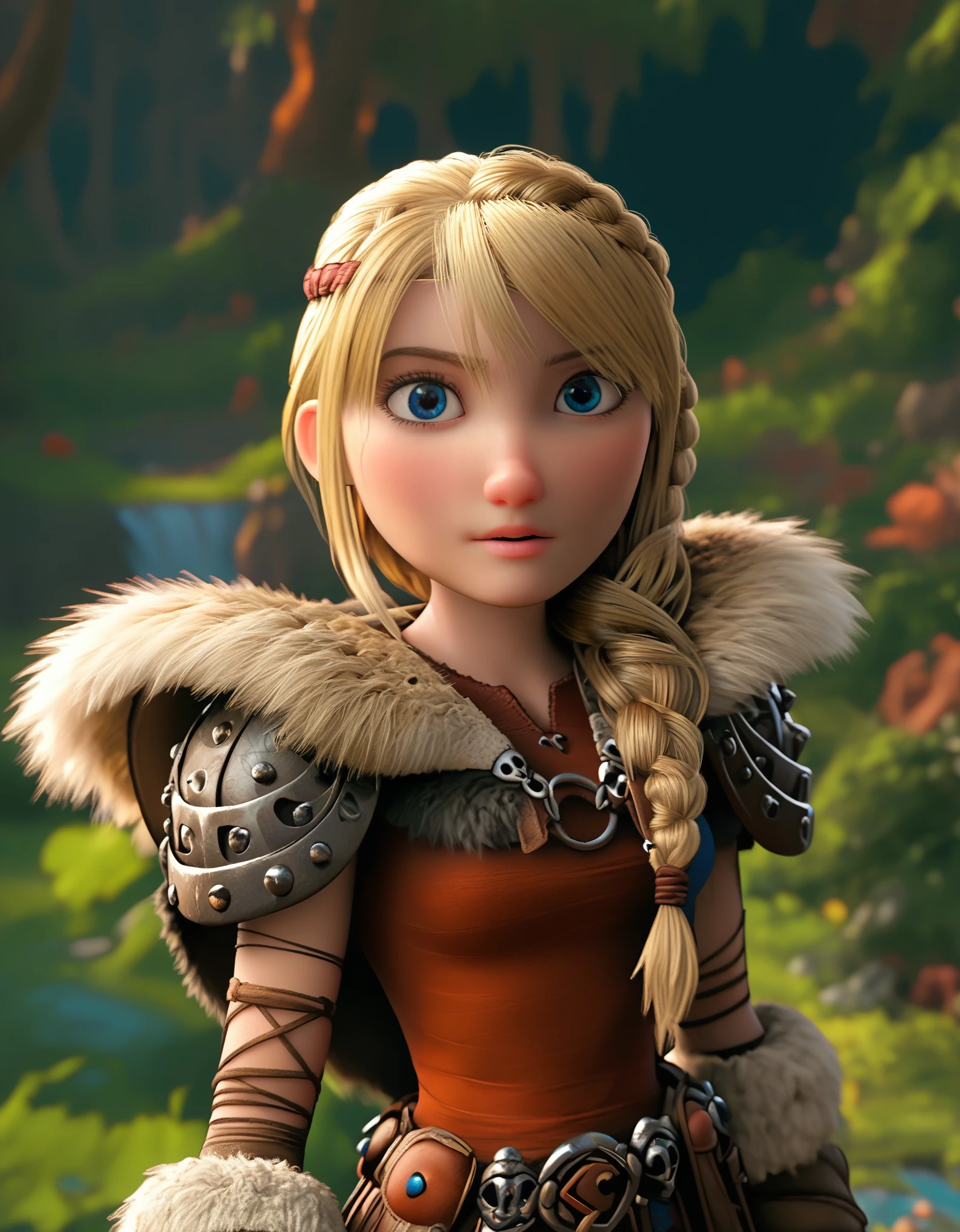 score_9, score_8_up, BREAK, ASTRIDHOFFERSON, 1girl, solo, blonde hair, braid, Long hair, blue eyes, fur trim, shoulder armor, armor, pauldron, depth of field, forest,