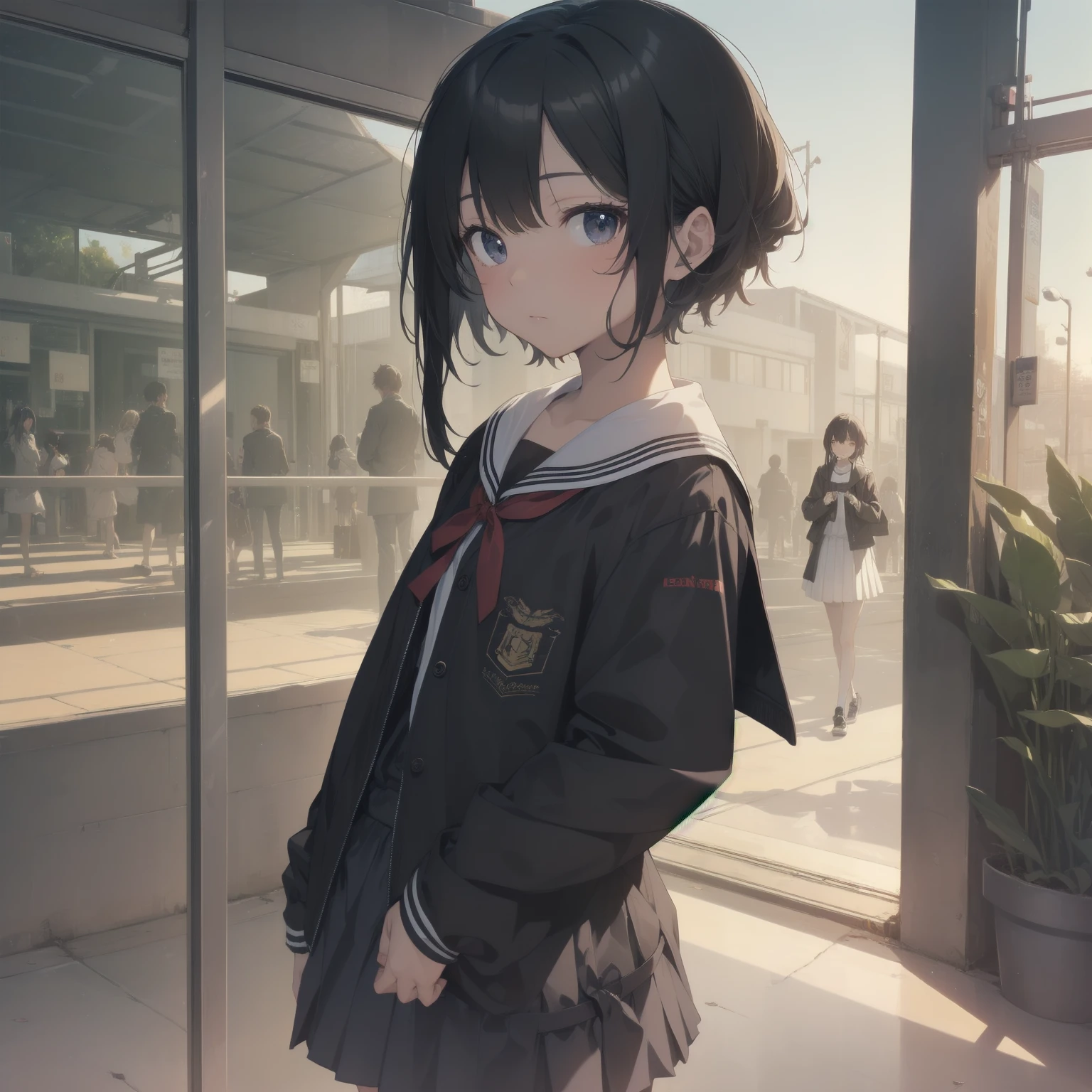 ultra-absurdres-Top quality by artist God, ultra-detailed, high resolution, anime moe artstyle, best anime 8k konachan wallpaper, pixiv contest winner, pool:2810, perfect anatomy,break, 1girl, (Please draw a girl walking sleepily to school alone. )break,(Solo,little female, 13-year-old:1.3),Full limbs, complete fingers,a junior high school student, (very short hair), short cut, flat chest, , small butt, small black eyes, beautiful detailed eyes, well-proportioned iris and pupils, expressive eyes, highres detailed hair, soft expression, salor school_uniform, sailor collar, serahuku, bow, pleated skirt,(Detailed Lighting), (Detailed background), in the School commute route. break,super detailed skin, Best cinematic lighting powered by famous artist, 8k,beauty illustration,photoshop_(medium),very aesthetic,break,((artist:zen_(kamuro) )), artist:clamp ,artist:carnelian ,artist:kantoku ,