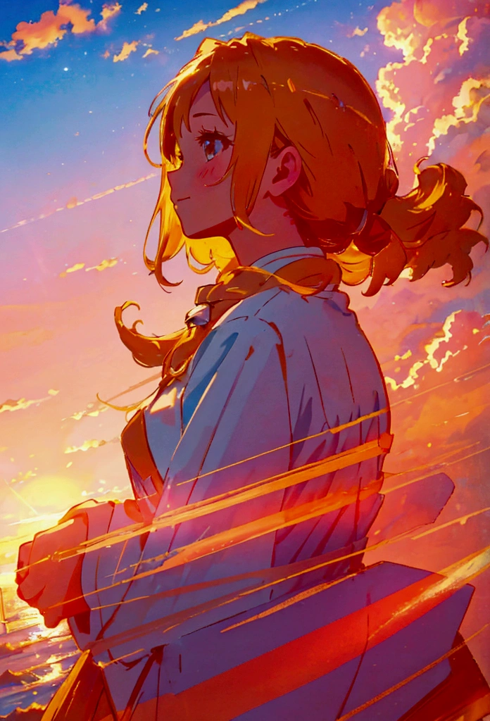 masterpiece, Highest quality, Movie stills, One girl, Cloud Girl, close, bright, Happy, Warm and soft lighting, sunset, (spark:0.7)