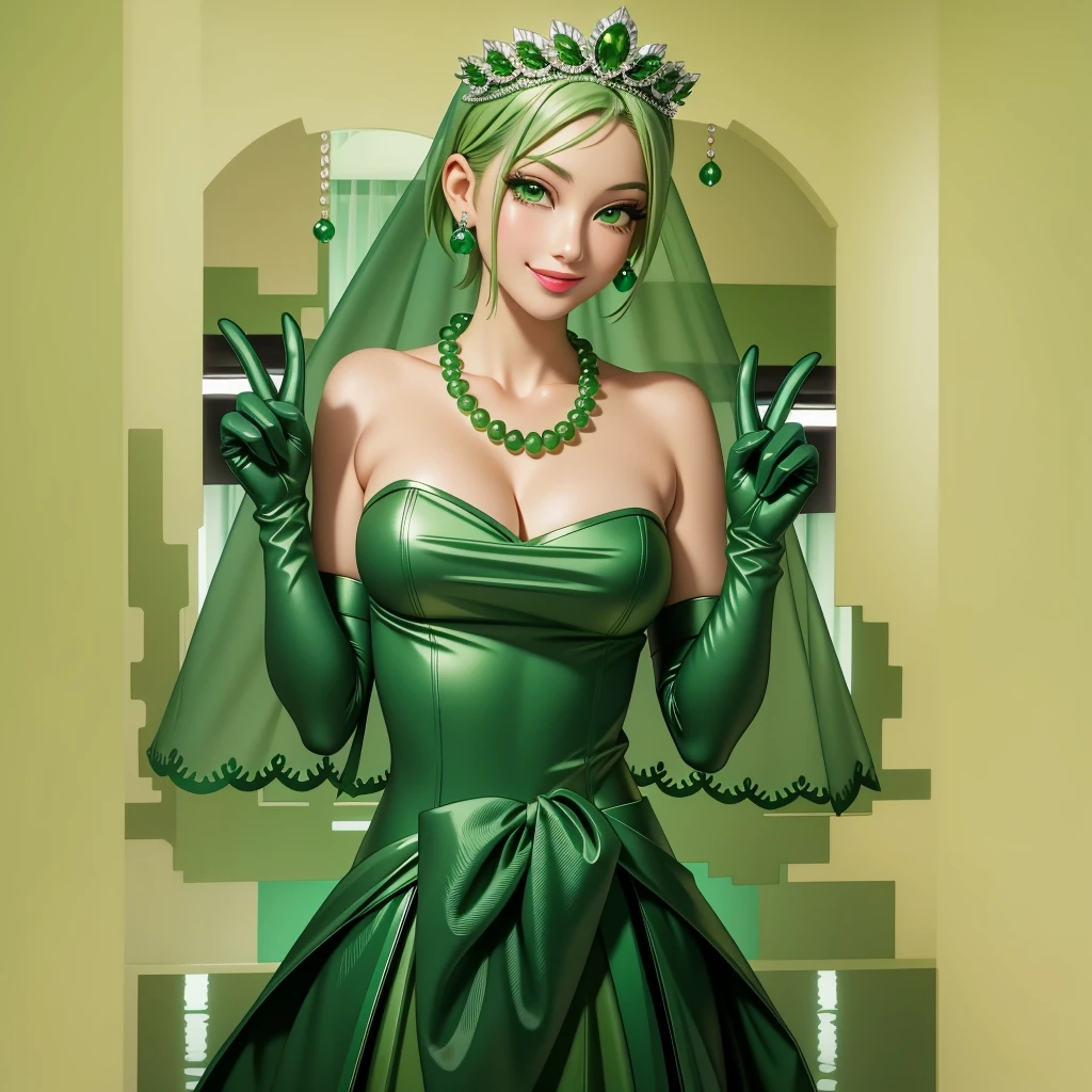 Emerald tiara, Green Pearl Necklace, ボーイッシュな非常に短いGreen Hair, Green Lips, Smiling Japanese woman, Very short hair, Busty beautiful lady, Green Eyes, Green satin long gloves, Green Eyes, Emerald Earrings, Green veil, all, Green Hair, Beautiful Japanese Women, green lip gloss