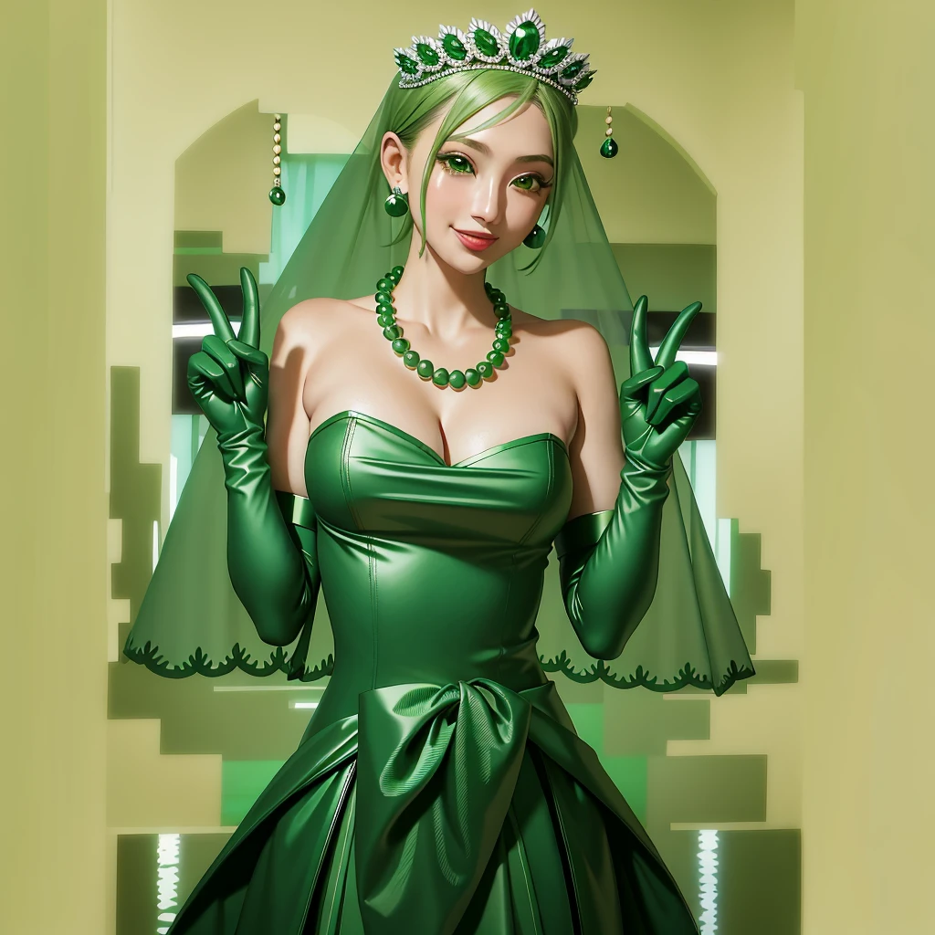 Emerald tiara, Green Pearl Necklace, ボーイッシュな非常に短いGreen Hair, Green Lips, Smiling Japanese woman, Very short hair, Busty beautiful lady, Green Eyes, Green satin long gloves, Green Eyes, Emerald Earrings, Green veil, all, Green Hair, Beautiful Japanese Women, green lip gloss