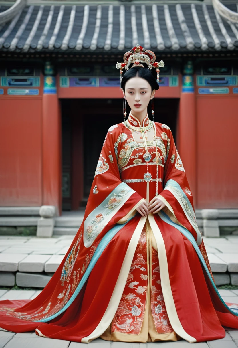 Chinese actress Ruyi Den's Jyou Xun (Zhou Xun) looking like a Qing dynasty empress from the front, full body empress red outfit open and out, large breasts and hairy pussy looking at her　
Standing nude
Qing Dynasty Chinese palace outside stone tatami mats with large crown of Empress of China hairstyle