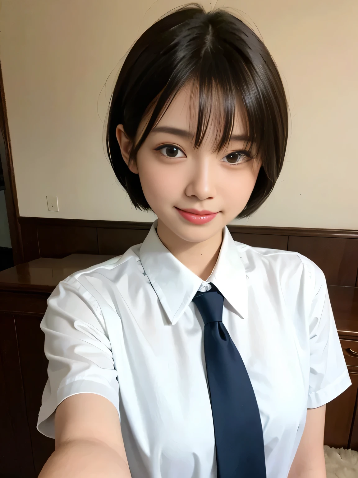 Highest quality、Figures、Taking a selfie with a smartphone、I can see my smartphone、One people、Cute Girls、sexly、Slender、Navy blue tie、White shirt、Green exy very detailed、Fine details、Slim Body、Slender、Japanese Girls２people、High resolution、8k、wallpaper、Perfect dynamic composition、Beautiful fine details、Short Bob Hair、Big natural color lip、大胆なsexlyポーズ、smile、Cold Stare、18 year old girl、Cute、Lolita、Good eyesight、whole body、Light blue wall、smile、