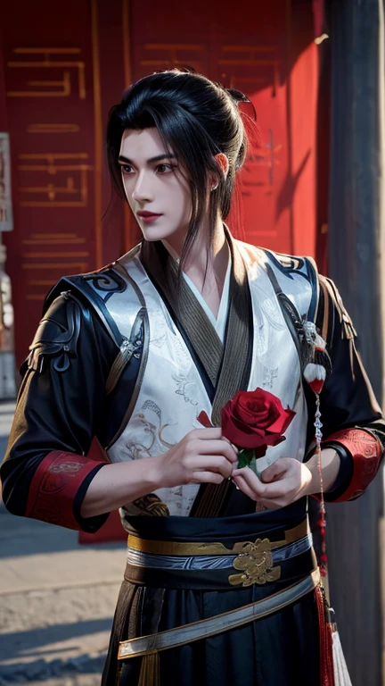 1boy, super handsome, black hair, biting a red rose on his mouth, hanfu style with silver armour holding a red rose, smelling a red rose