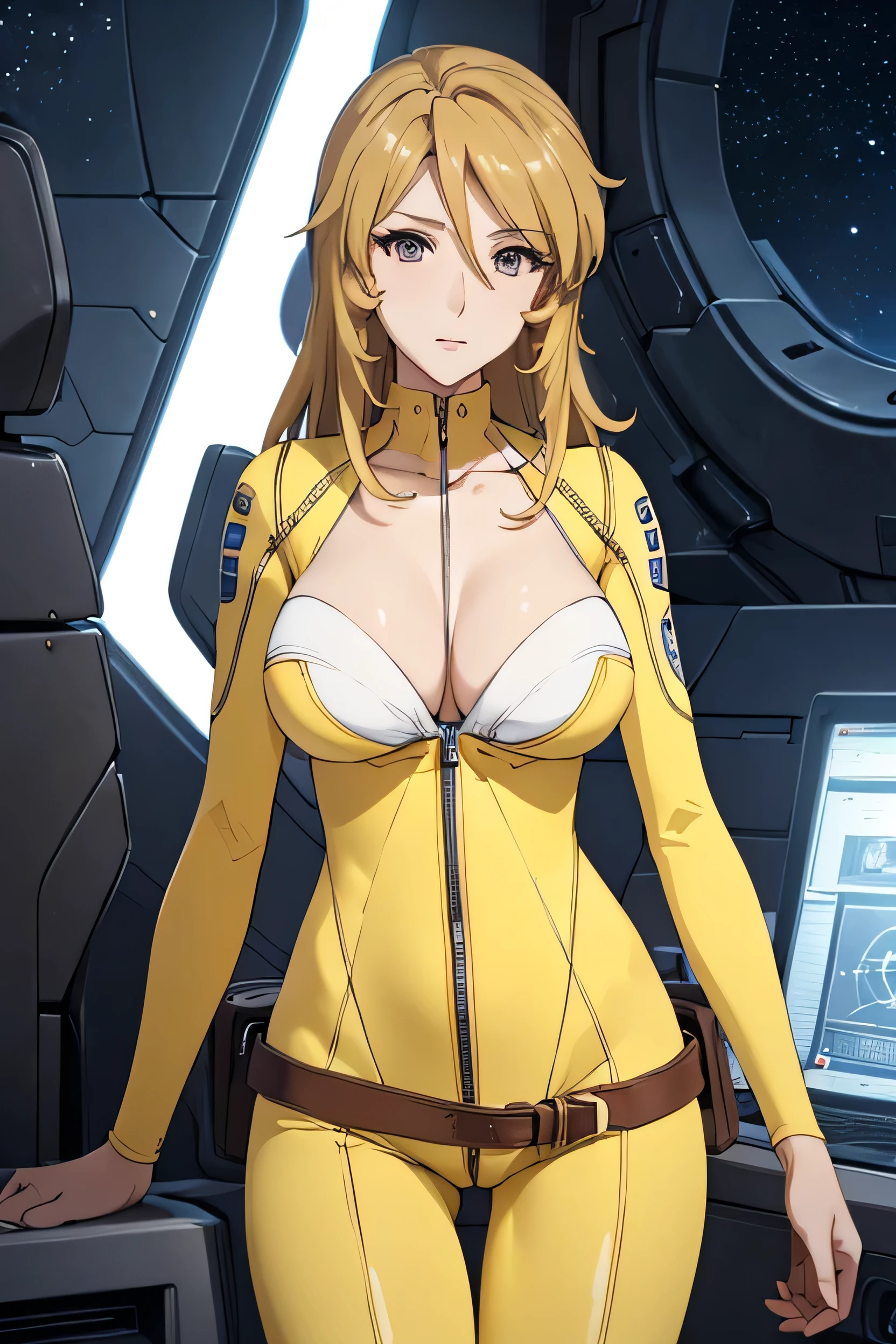 (((Highest quality))), (((masterpiece))), (((detailed))),moriyuki, (Perfect Face), (((detailed face))),alone, Mouth closed, A light smile,Blonde, Long Hair, Brown eyes, (((Highest quality eyes)))Mori Bodysuit, (((Yellow bodysuit))), belt,Are standing, Looking at the audience,sf, cockpit, Starry Sky, (Big Breasts), Thighs, Browsing Caution, Open the bodysuit by hand,Unzip, Lower the zipper to the bottom, Undressing, clavicle, stare, Cleavage, Enchanting, ((White bra)), Zipper Pull Tab, 