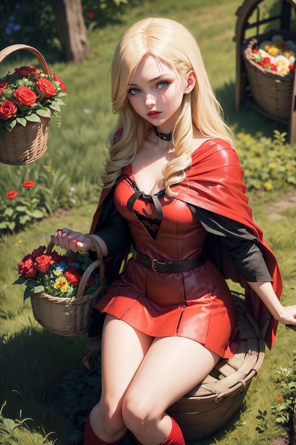 (she is resting sitting in a field of flowers)(Margot robbie is the red hood) (she has bright blue eyes)(Red lips) (long blondie hair)((breasts small)) (perfect slim body)(She wears a red dress, Red hood and long black socks)(She carries a basket with food and flowers)((she wears a red cape)) (She&#39;s in a dark forest at night, with fairy lights all over the place) (High definition, Incredible lights and shadows)((work of art))(8k)(face perfect) (perfect hands)