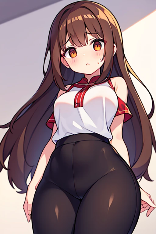 Now you are going to create a girl who measures 1.70 big brown eyes, Long straight brown hair with a flushed and sweaty face. medium breasts and medium butt with not so thick thighs her outfit will be a red changshan and loose black pants.