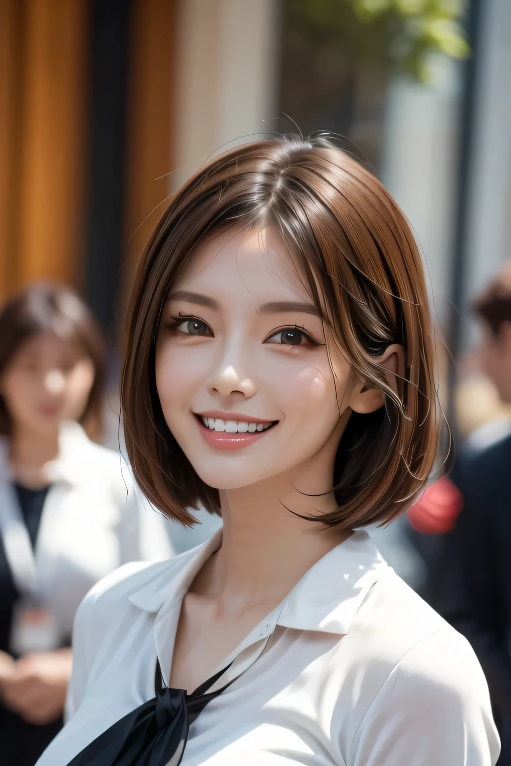 ((masterpiece)), ((Highest quality)), ((Complex)), ((Surreal)), (Realistic), (Mature Woman), ((There are no classes)), Very detailed, (1 female), Beautiful and exquisite, (Beautiful Teeth), Grin, Brunette bob hair, Brown eyes, ((blouse)), (Upper Body), (background:none), Perfect Eyes, Captivating eyes, Looking at the audience
