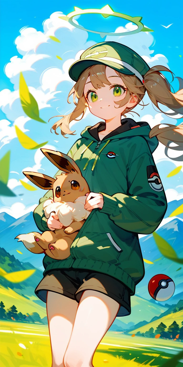 1Young girl，Beautiful light and shadow，Brown side ponytail，Green eyes，Dark green windbreaker，cute，Halo，Smile,Eevee doll clothes，Pokemon ball in hand，Sweatshirt，Blue sky，White Cloud，run，Mountains in the distance，Peaked Cap