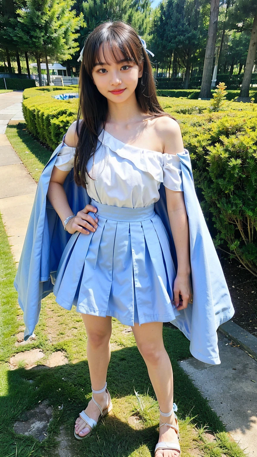 (8k、RAW Photos、Highest quality、masterpiece:1.2)、(Realistic、Realistic)、1 Girl、((Light blue and white dress、smile、mini skirt、Off the shoulder、Magical Girl Costumes、With ribbon、Exposed Skin、Medium Hair、whole body、Sandals、Cape、garden、View from the front、Looking at the camera、Stand with hands on hips))、cute