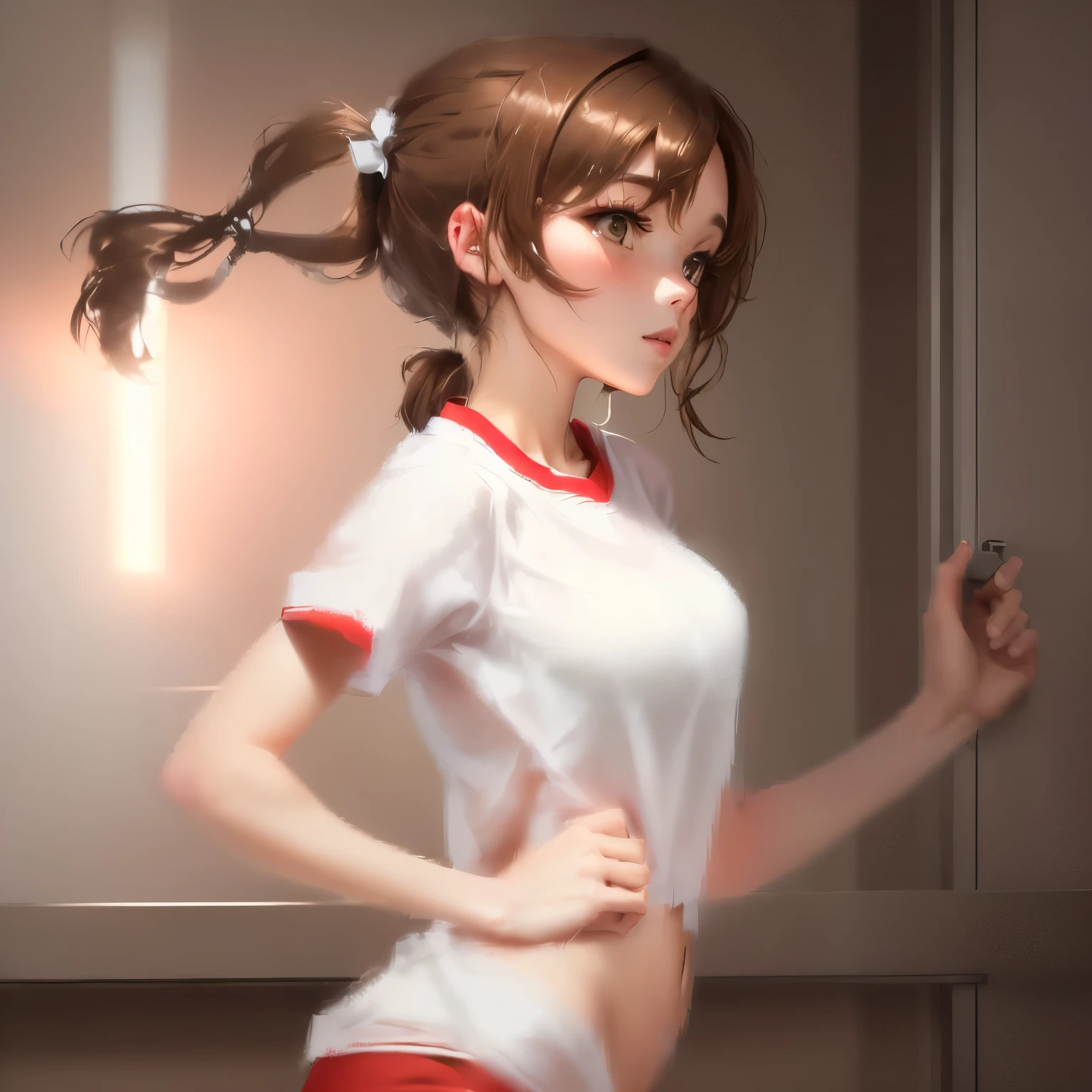 girl, light brown hair, pigtails, white sports shirt, red gym shorts, jogging