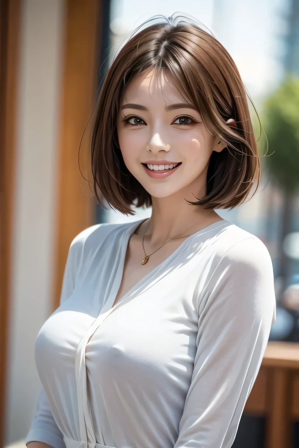 ((masterpiece)), ((Highest quality)), ((Complex)), ((Surreal)), (Realistic), (Mature Woman), ((There are no classes)), Very detailed, (1 female), Beautiful and exquisite, (Beautiful Teeth), Grin, Brunette bob hair, Brown eyes, ((blouse)), (Upper Body), (background:none), Perfect Eyes, Captivating eyes, Looking at the audience
