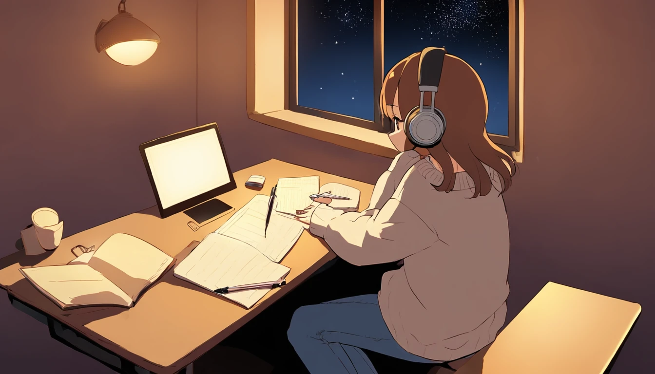 Lo-fi music anime illustration. A woman wearing headphones is researching on her PC. She is looking at the PC with a focused expression. She is dressed in a relaxed outfit (e.g., oversized sweater and jeans). On the desk, there are notebooks, a pen, and a coffee cup. In the background, there's a night window showing a starry sky and a quiet cityscape. The room is illuminated by warm lighting, creating a cozy atmosphere.