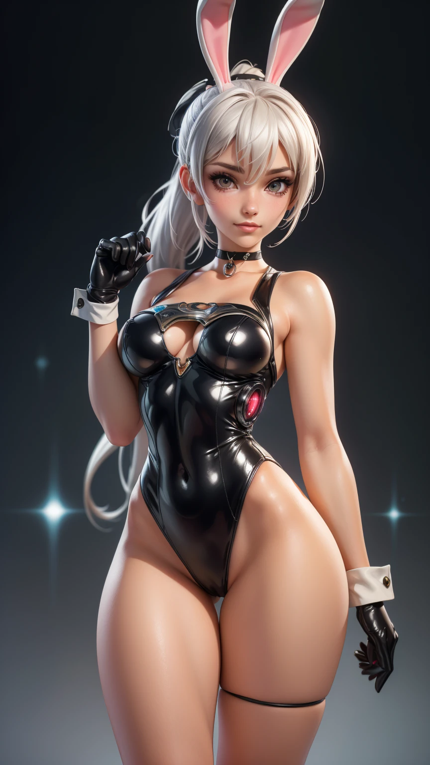 1 girl,(standing alone),(high-lEvel image quality),(high qualiy),(high resolution),(detailded),(work of art),(work of art:1.2),(cowboy shot:1.4), (realisitic), (semi-realisitic),looking ahead at viewer, olhos detaildeds, face perfect, perfects eyes, rosto detailded,(smooth shading),Eve,ssmile,(cybernetic futuristic bunny leotard),Eve,(longer ponytail),eyes browns, gloves fingerless, high socks, neckleace,(high-heels),(what background), (whole body),down, Correia, choker,(bunny ears), High above,