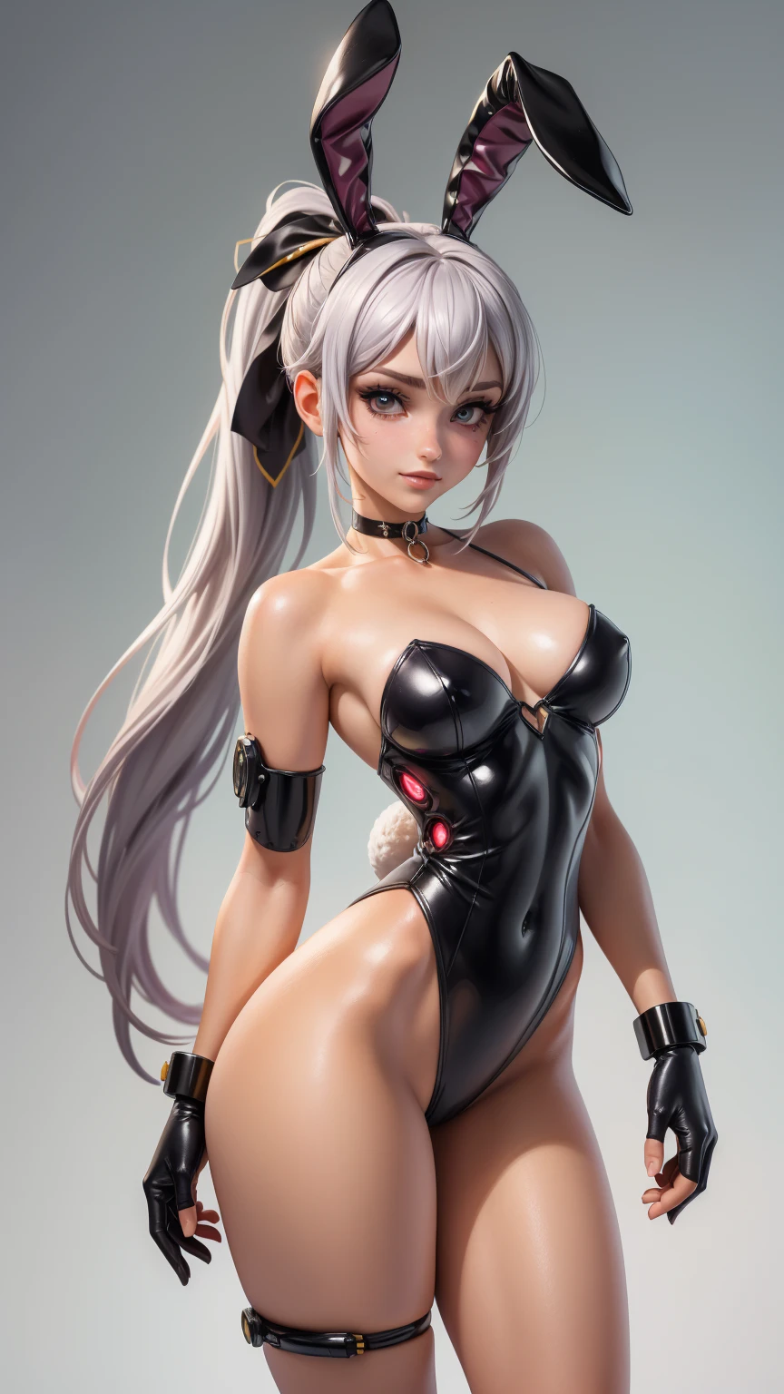 1 girl,(standing alone),(high-lEvel image quality),(high qualiy),(high resolution),(detailded),(work of art),(work of art:1.2),(cowboy shot:1.4), (realisitic), (semi-realisitic),looking ahead at viewer, olhos detaildeds, face perfect, perfects eyes, rosto detailded,(smooth shading),Eve,ssmile,(cybernetic futuristic bunny leotard),Eve,(longer ponytail),eyes browns, gloves fingerless, high socks, neckleace,(high-heels),(what background), (whole body),down, Correia, choker,(bunny ears), High above,