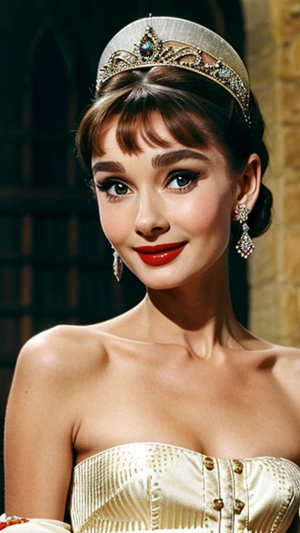 Audrey Hepburn dressed in sexy medieval traditional clothing with lipstick and smiling