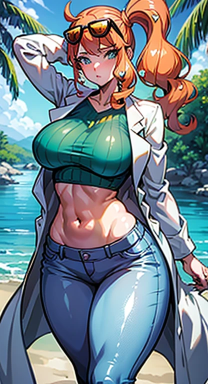 woman with large breasts, sexy body, Sonia from pokemon, ((cutesexyrobutts)), artgerm and lois van baarle, style artgerm, high quality fanart, unparalleled masterpiece, crop top, tight pants, ((lab coat)), arms behind head, ultra realistic 8k CG, perfect artwork, (1girl:1.1), solo, looking at viewer, (teasing), best quality:1.1 , seductive posture, sexy pose, alluring, (beautiful), earrings, jewelry, (shiny skin:1.2), (hdr), (tropical paradise:1.2), Nikon D850 film stock photograph Kodak Portra 400 camera f1.6 lens, rich colors, lifelike texture, dramatic lighting, unreal engine, trending on ArtStation