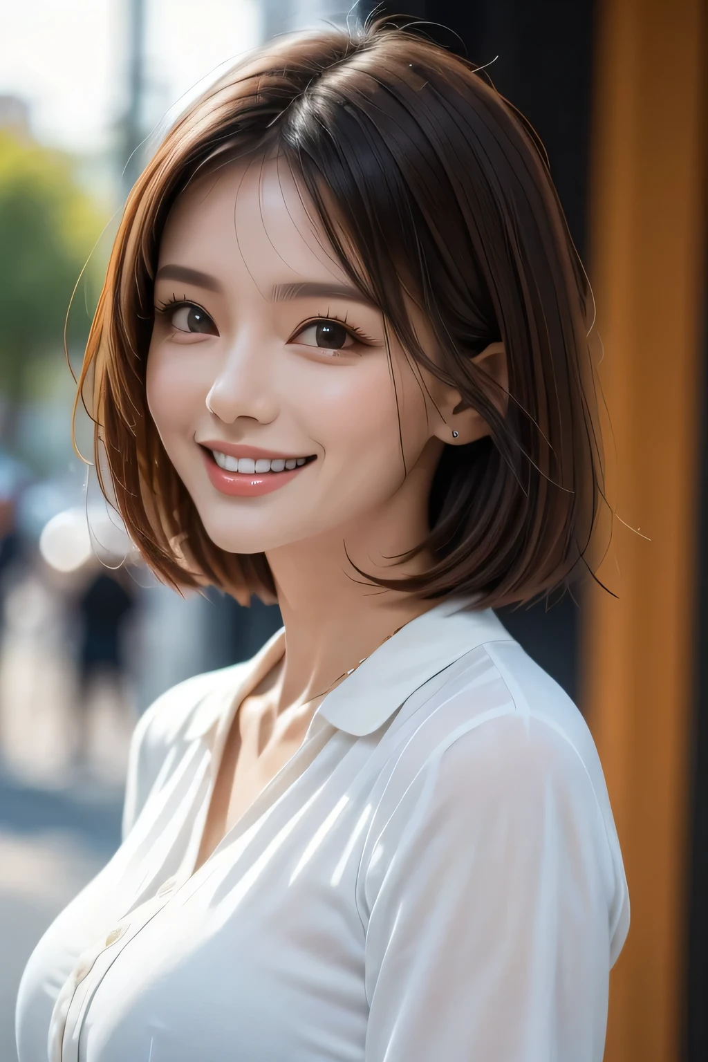 ((masterpiece)), ((Highest quality)), ((Complex)), ((Surreal)), (Realistic), (Mature Woman), ((There are no classes)), Very detailed, (1 female), Beautiful and exquisite, (Beautiful Teeth), Grin, Brunette bob hair, Brown eyes, ((blouse)), (Upper Body), (background:none), Perfect Eyes, Captivating eyes, Looking at the audience