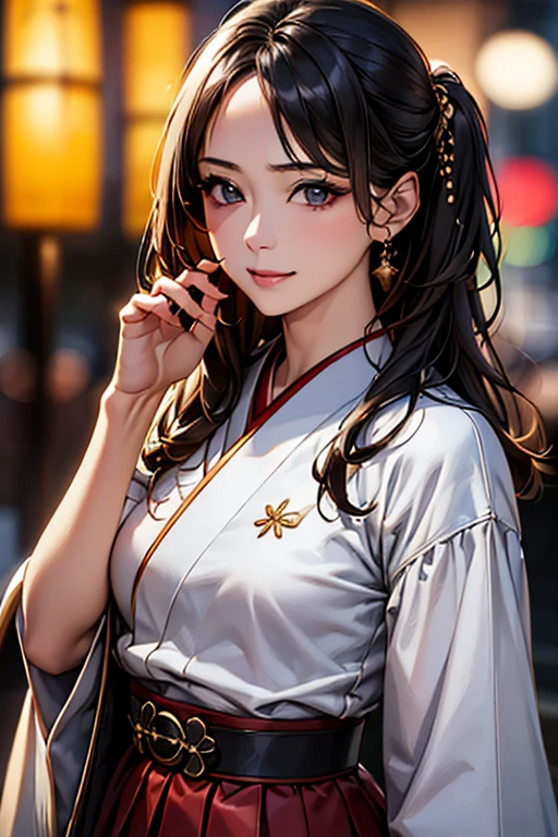 ((Highest quality)),(超High resolution),(Very detailed),(Detailed Description),((The best CG)),(masterpiece),Ultra-detailed art、(Highest quality、8k、32K、masterpiece)、(Realistic)、(Realistic:1.2)、(High resolution)、Very detailed、Very beautiful face and eyes、1 female、((:1.3))、Tight waist、Delicate body、(Highest quality、Attention to detail、Rich skin detail)、(Highest quality、8k、Oil paints:1.2)、Very detailed、(Realistic、Realistic:1.37)、Bright colors、A beautiful woman in her mid-twenties working in Ginza at night。((she、Japanese style chignon up style:1.8、Decorate with hairpins:1.3。))。The makeup is natural、Enhances natural beauty。((sheモダンにアレンジされた黒の着物風ドレス。Sleeves are short、Above-knee hem。Tightened with a red belt。A small clutch bag with a red and gold Japanese pattern。))。The neon lights of Ginza shine in the background.、It creates the atmosphere of a night town.。The style is realistic、Has a photo-like texture。she自信に満ちた表情で、Smiling at the camera。