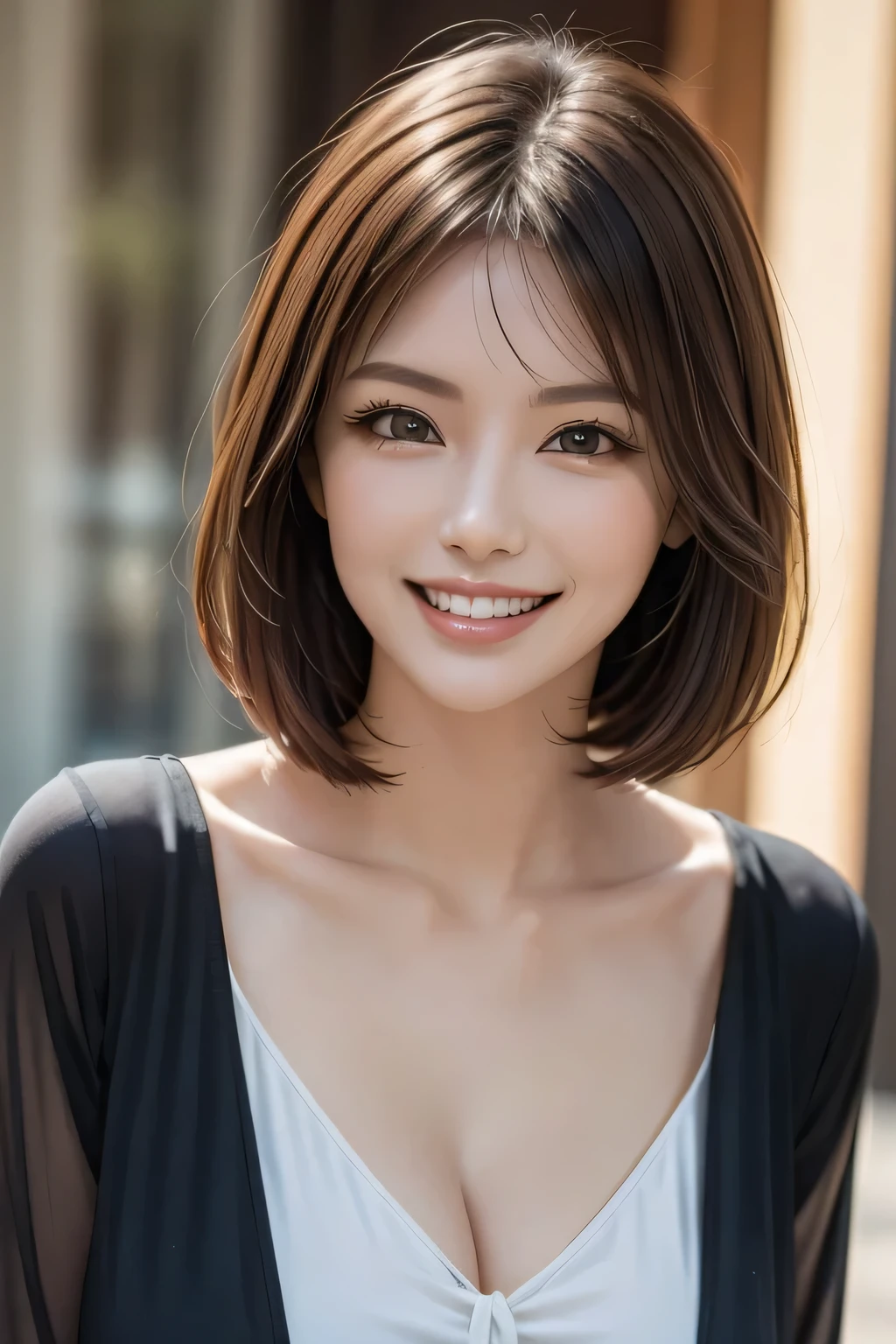 ((masterpiece)), ((Highest quality)), ((Complex)), ((Surreal)), (Realistic), (Mature Woman), ((There are no classes)), Very detailed, (1 female), Beautiful and exquisite, (Beautiful Teeth), Grin, Brunette bob hair, Brown eyes, ((blouse)), (Upper Body), (background:none), Perfect Eyes, Captivating eyes, Looking at the audience