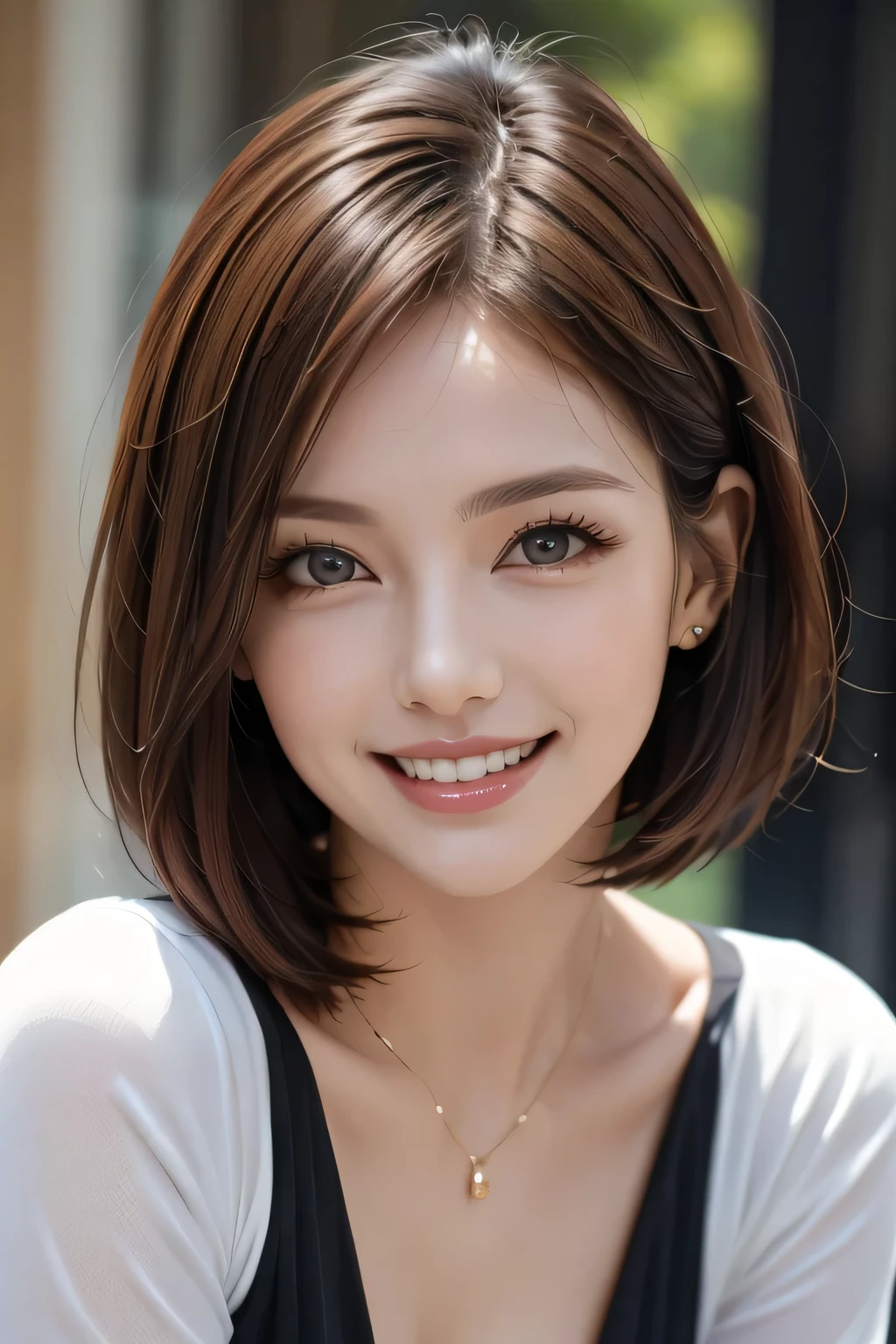 ((masterpiece)), ((Highest quality)), ((Complex)), ((Surreal)), (Realistic), (Mature Woman), ((There are no classes)), Very detailed, (1 female), Beautiful and exquisite, (Beautiful Teeth), Grin, Brunette bob hair, Brown eyes, ((blouse)), (Upper Body), (background:none), Perfect Eyes, Captivating eyes, Looking at the audience