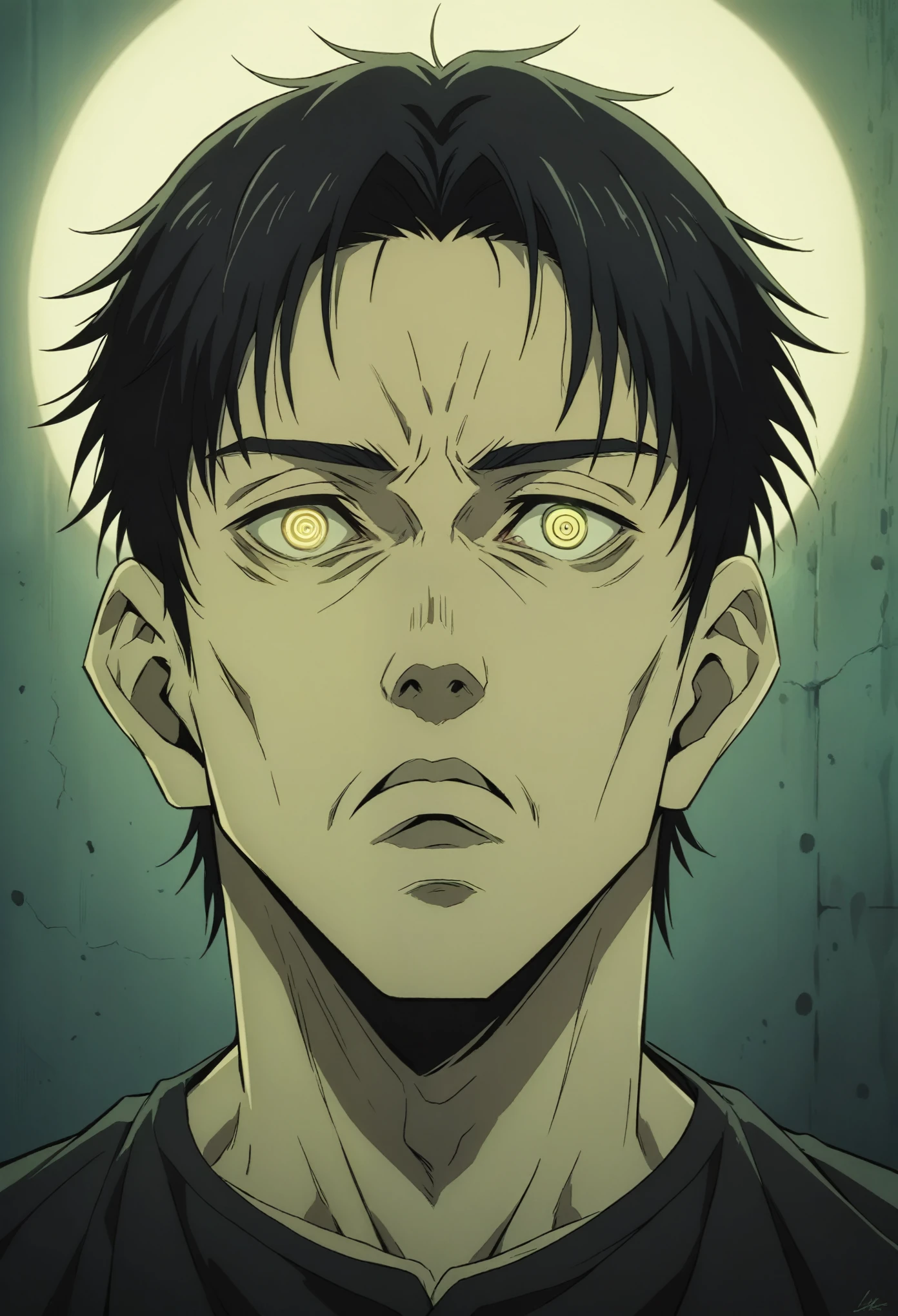 a depressed young man with black hair, wearing a black shirt, jujutsu, detailed face, beautiful detailed eyes, beautiful detailed lips, extremely detailed eyes and face, longeyelashes,, (best quality,4k,8k,highres,masterpiece:1.2),ultra-detailed,(1.37),dark moody lighting,dramatic lighting,cinematic lighting,dramatic shadows,dramatic contrast,dark color palette, olhos ametista, vitiligo, cicatrizes, fundo de espaço, memórias, rachaduras temporais 